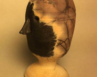One of a kind stylized wheelthrown unglazed head, pit fired in BBQ