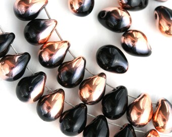 5x7mm Black glass drops, czech teardrop beads with copper luster - 30pc - 3070