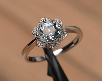 natural aquamarine ring promise engagement ring sterling silver round cut sky blue gemstone ring March birthstone ring
