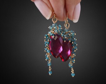 Hot Pink Quartz Earrings Gemstone Earrings Topaz Earrings Cluster Earrings Precious Earrings Pink Earrings Blue Earrings Drop Earrings