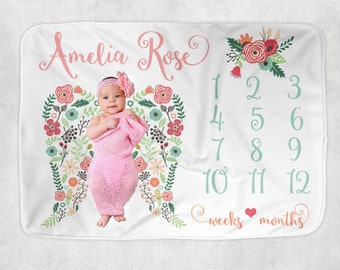 Baby Girl Milestone Blanket, Angel Wings Blanket, Newborn Photography Backdrop, Month Growth Chart Quilt, Personalized Girl Shower Gift