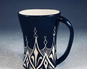 Black and White Sgraffito Carved Wheel Thrown Stoneware Mug