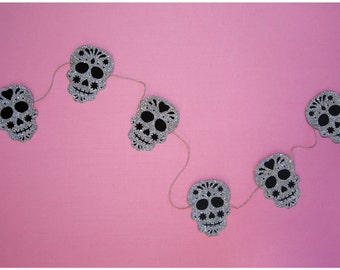 Platinum silver glitter dia de los muertos skull garland strung on metallic silver & natural colored hemp twine MADE TO ORDER