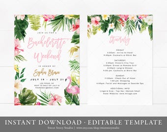 Tropical Flamingo Bachelorette Weekend Invitation and Itinerary Card | Instant Download, Editable, Printable | Summer, Tropical | DC023