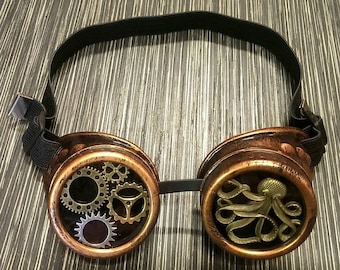 Steampunk Nautical Red Copper Effect Goggles Glasses Clock Wheels Kracken Octopus Festivals Burning Man Gothic Cosplay