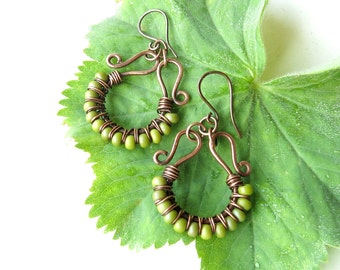 Lime green earrings - chartreuse beaded copper wire wrapped jewelry