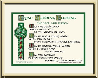 Personalized Irish Wedding Blessing Gift with Celtic Lettering and Cross by artist/calligrapher Jacqueline Shuler
