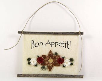 Bon Appetit, Paper Quilled French Kitchen Sign, 3D Paper Quilled Banner, Brown Red White Decor, France Gift, Enjoy Your Meal Kitchen Art