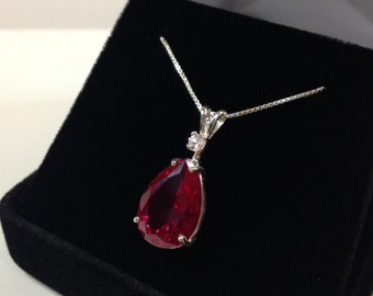 Beautiful 7.5ct Ruby & White Sapphire Sterling Silver Pendant Necklace Pear Cut Ruby Necklace teardrop July Gift Mom Fiancé ladies jewelry