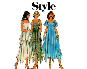 Style 1929 Womens Boho Empire Waist Tent or Handkerchief Dress 70s Vintage Sewing Pattern Size 12 Bust 34 inches UNCUT Factory Folded