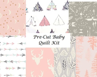 Baby Quilt Kit, Cotton Fabric, Girl, Woodland, Infant Bedding, Blanket, Pink, White, Gray, DIY Quilt, Bucks, Arrows, Antler, Stag