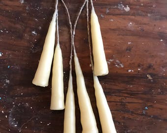 four-inch taper candles, hand-dipped beeswax, unscented