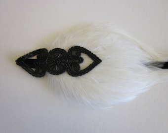White Feather Headband, Black Great Gatsby Headpiece, 1920s Black and White Ball Art Deco Flapper Fascinator, Stretch Elastic Velvet