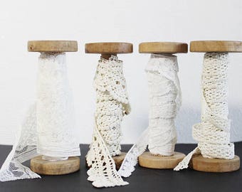French Wood Bobbin with Lace Trim Set Antique, White Lace Trim, Vintage Supplies, Country, Cottage Chic, Sewing Supplies, Crafting supplies
