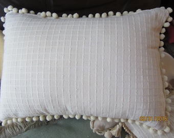 Summer cotton windowpane textured throw pillow with pompom trim, two sizes