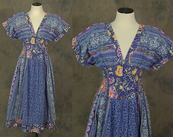 vintage 80s Dress - 1980s Boho Blue Patchwork Dress Batik Sun Dress Sz S