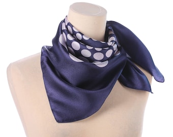 POLKA DOT Scarf 70s Navy Blue Off White Neck wear Shawl Polyester Mod Vintage Neck Scarf Retro Twiggy Kerchief Hipster Women Men Gift Idea