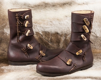 RASMUS Viking cuoio scarpe con Antler pulsanti stivali scarpa vichinghi medievale basso Medioevo norrena rievocazione Pagan Sword Fighting Replica
