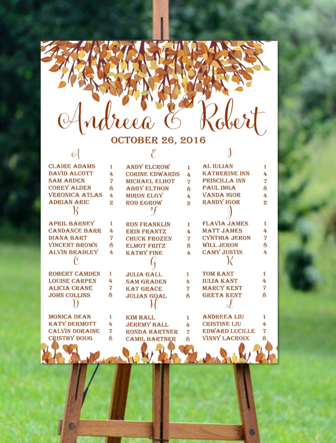 Printable Fall Wedding Seating Chart Alphabetical Wedding