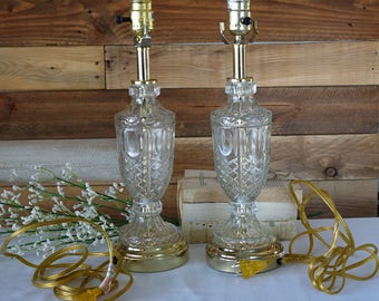 Set of 2 Crystal Lamps Clear Glass Table lamps Urn Table Lamps Cut Crystal Glass Brass Accent Table Lamps Hollywood Regency Lamps