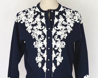 Vintage Elsie Tu Navy Blue Cardigan with White Floral Beading, 1950s Sweater, Cardigan, Navy Blue Sweater, Vintage Sweater, Gifts for Mom