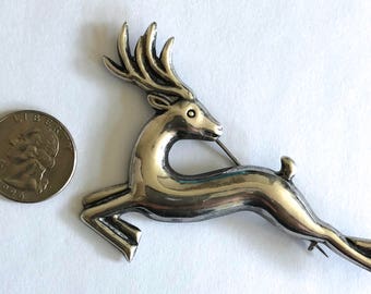 large 4" Sterling Silver Deer pin brooch leaping reindeer