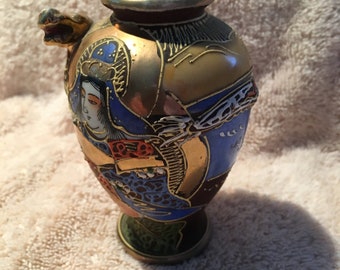 Hand Painted Vase with Moriage, Dragon & Immortals 4" Tall Vintage