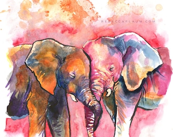 Loving elephants art print // pigment print, archival, 8x10 // Print of watercolor painting of snuggling elephants, love, cuddles, family