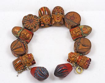 Art Deco & Egyptian Revival Wooden Carved Bracelet