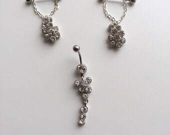 Nipple jewellery, bar bells and belly button pierced set, crystals set, body piercing