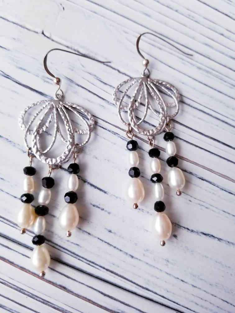 Long Black Crystal And Pearl Earrings For Wedding White Black And White Dangle Earrings For Her Elegant Chandelier Bridesmaid Gift Gallery Photo
