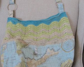 Summer Hand Crocheted Hobo bag with World Map Print Bottom