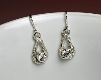 Solid Sterling Silver Teardrop Earrings Twisted Wire with Tube set Cubic Zirconia