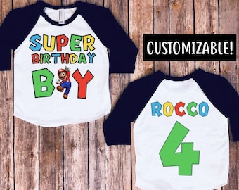 Super mario brothers birthday shirt- birthday boy shirt, super mario party, super mario birthday, kids birthday, kids birthday raglan, MF