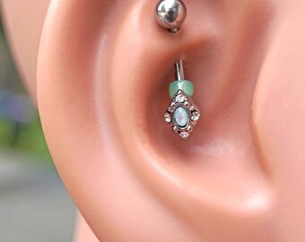 Teal Opal Diamond Silver Rook Earring Daith Piercing Eyebrow Ring
