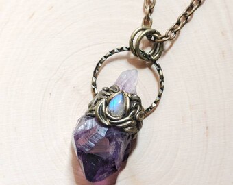 Moonstone and amethyst point necklace // Flashy blue rainbow moonstone and purple amethyst pendant in antique gold