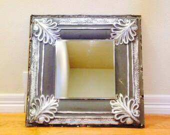Antique ceiling tile mirror, Blue with silver, tin mirror, ceiling tile