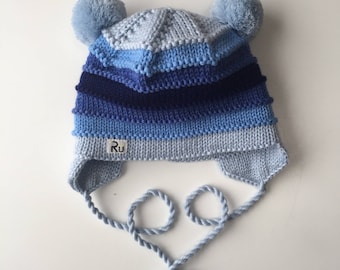 Earflap winter hat for kids Cute baby hat Merino wool hat Warm winter hat double pom pom hat Merino earflap hat