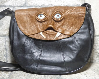 Cross Body Adjustable Purse With Face Monster Black Leather Unique Gift 449