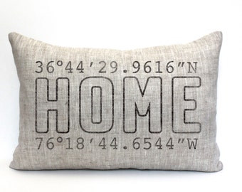mothers day gift, housewarming gift, longitude latitude pillow, wedding gift, coordinates pillow, gift for her, mother's day gift "The Home"