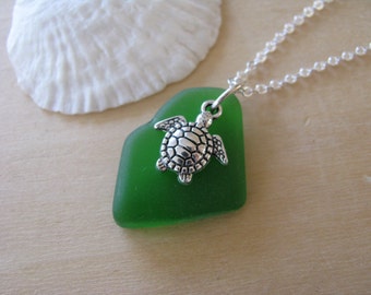 Sea Glass and Turtle Necklace Green Sea Glass Jewelry Green Beach Glass
