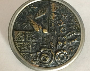 Bird on Wall Admiring Flowers Large Metal Antique Picture Button Old