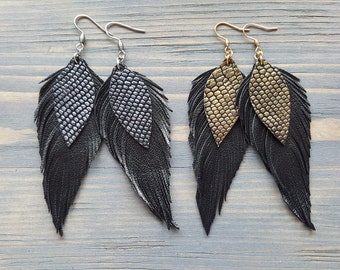 Large Statement Earrings. Black Leather Earrings. Leather Feather Earrings. Boho Earrings. Bohemian Statement Earrings. Big Earrings.