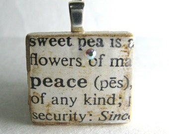 Peace - vintage dictionary Scrabble tile with Swarovski crystal