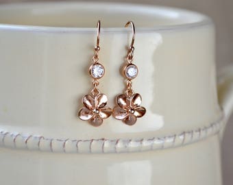 Rose Gold Dangle Earrings, Flower Drop Earrings, Rose Gold Wedding, CZ Earrings, Flower Earrings, Cubic Zirconia Earrings, Bridesmaid Gift