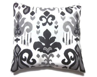 Decorative Pillow Cover Black White Gray Ikat Design Same Fabric Front/Back Toss Throw Accent 18x18 inch x