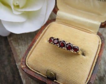 Vintage 9ct Gold 5 Stone Garnet Band Ring, Size N, Statement Ring, Engagement Ring, Vintage, Garnet, Ring, Vintage Garnet Ring, 5 Stone Ring