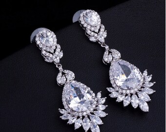 TRISHA - Silver CLIP-ON Crystal Wedding Bridal Earrings