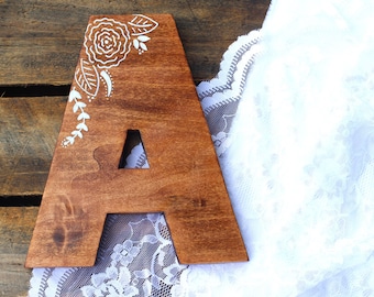 Hand painted floral pattern wood monogram wall decor, ANY LETTER, hand cut