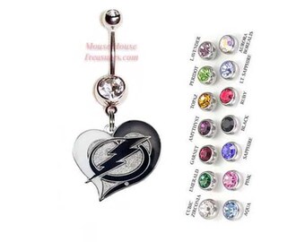 NHL Tampa Bay Lightning Heart Logo Belly Ring. Authentic Charm on Your Choice of Gem Colors!